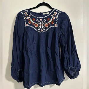 Max Studio Navy and Floral Long Sleeve Blouse